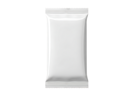 Blank white rectangular foil packet with serrated edges and a glossy finish isolated on a transparent background