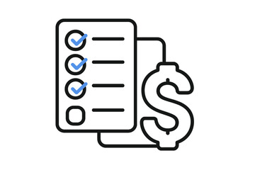 Financial checklist document showing completed tasks and a dollar sign symbol for budget tracking