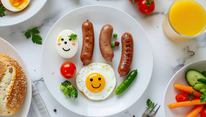 Overhead shot of a breakfast plate with sausages, fried egg, boiled egg with a smiley face, tomato, cucumber, and broccoli.