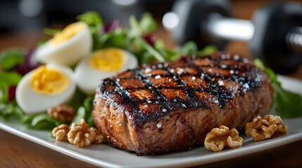 Perfectly grilled, juicy steak with prominent char marks is served with boiled eggs, walnuts, and fresh greens. A dumbbell is in the background.