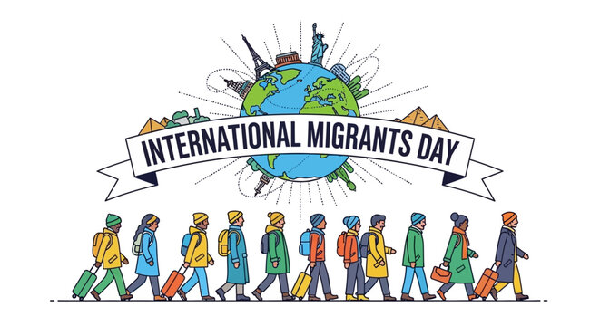 Diverse people from around the world celebrating International Migrants Day, depicting a global human journey with luggage, symbolizing unity and movement
