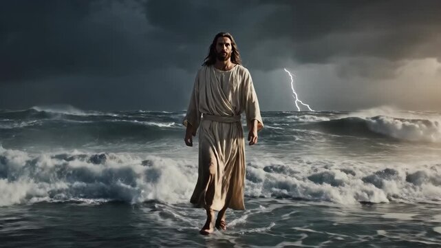 Jesus Christ walking on water during a powerful storm. A cinematic depiction of the biblical miracle with lightning and crashing waves. Faith and salvation concept