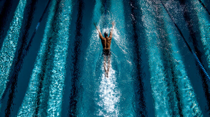 A swimmer in the pool is seen from above, swimming backstroke with his arms outstretched and head up