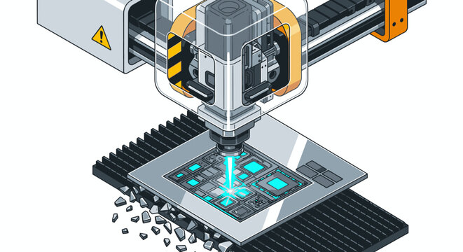 Isometric illustration of a high-tech CNC machine precisely cutting a circuit board with blue light emitting from the cutting point, showcasing modern manufacturing.