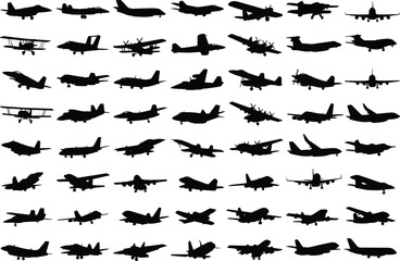 Large collection of black airplane silhouettes including fighter jets, cargo planes, passenger aircraft, vintage biplanes isolated on white background for aviation, travel, transport, design.