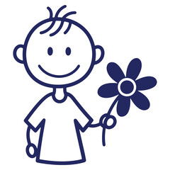 Simple Stick Figure Boy Holding a Flower Illustration in Dark Blue Color with Happy Expression