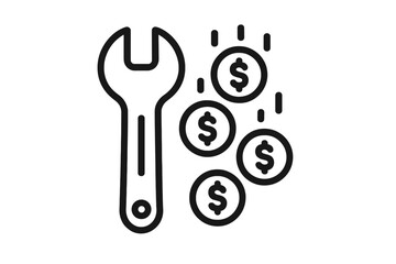 Wrench tool and falling dollar coins symbolizing repair service costs and financial maintenance