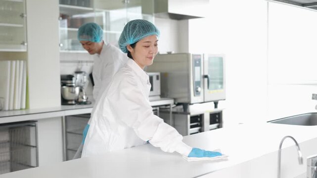 厨房を清掃する衛生白衣を着た男女スタッフ