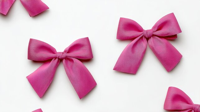 A row of pink bows are arranged on a white background. The bows are all the same size and color, and they are all facing the same direction. Concept of uniformity and order