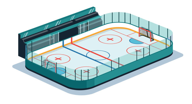 Isometric ice hockey rink design with transparent glass walls and markings