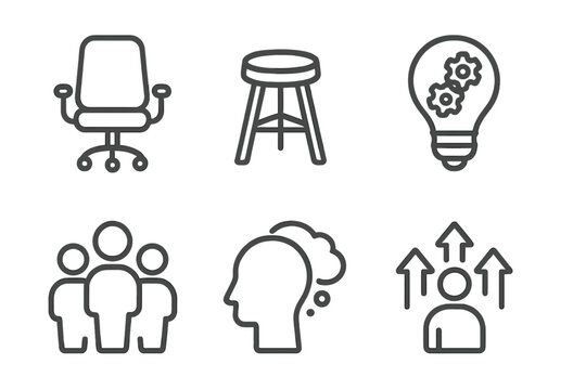 Outline design concepts showing equipment, collaboration, ideas, and career development