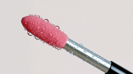 A pink lip gloss stick with water droplets on it. The droplets are small and scattered, giving the impression of a light mist. The lip gloss stick is the main focus of the image