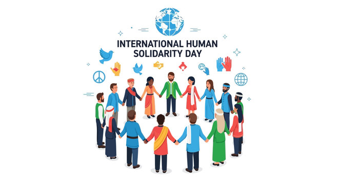 Diverse multicultural group of people holding hands together in a circle, symbolizing global community, peace, and human solidarity