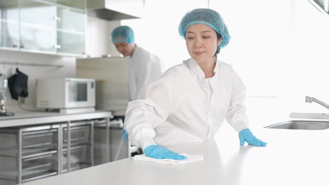 厨房を清掃する衛生白衣を着た男女スタッフ