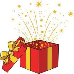 Red gift box with golden ribbon isolated on white background with stars