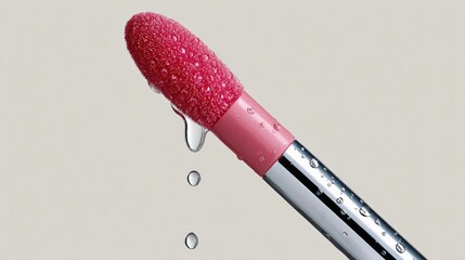 A pink lip brush with a pink lip gloss on it. The brush is wet and dripping