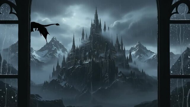 A dragon flies over a dark gothic castle in a stormy mountain landscape. Animated fantasy scene viewed from a rainy window