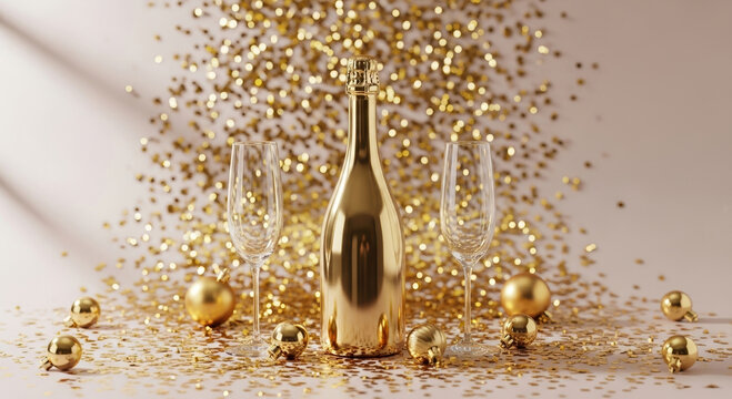 Happy new year celebration with golden champagne bottle, elegant flutes, shiny baubles, and festive gold confetti on surface