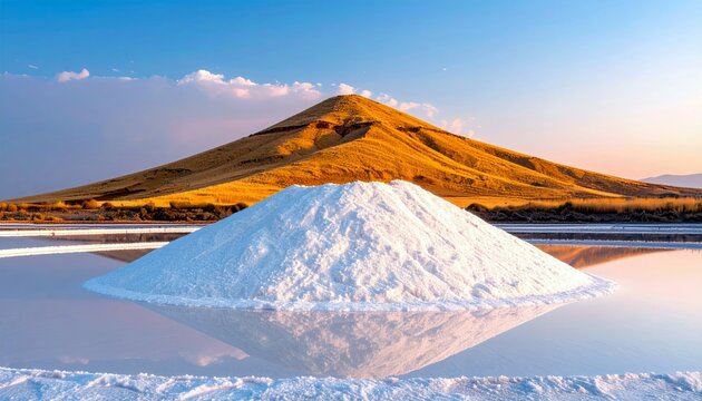 A large pile of white salt sits in the shallow water of a salt flat, with a golden, sun-drenched mountain rising in the background. - Powered by Adobe