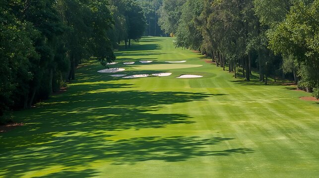 a tranquil golf course on a bright, sunny day. The course is surrounded by lush green trees, creating a serene and inviting atmosphere