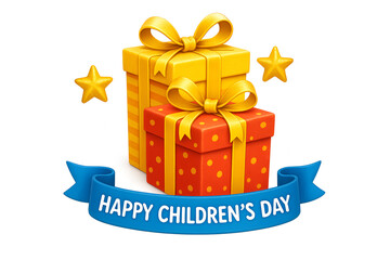 Happy childrens day greeting golden gift boxes with blue ribbon banner holiday celebration presentation marketing vector illustration