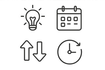 Idea lightbulb, calendar schedule, data transfer arrows, and time history clock representing essential business and technology concepts