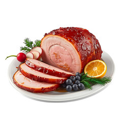 Delicious glazed ham roast with fresh fruit and radish garnish on white plate dish on transparent background