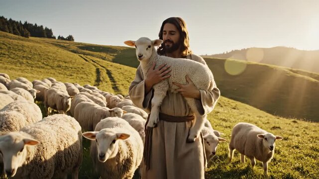 Jesus Christ as the Good Shepherd carrying a lost lamb. Biblical depiction of a shepherd leading his flock of sheep on a grassy hillside at sunrise. Faith and salvation concept