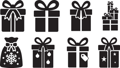 Unique Christmas gift icon set in bold silhouette style, perfect for festive holiday designs.