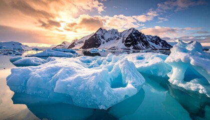Icy landscape with mountain range under a cloudy, colorful sky