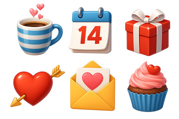 valentines day icon set collection heart coffee mug calendar gift box envelope arrow cupcake love romance flat design