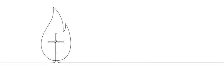 Continuous one line drawing of Christian cross in flame. Concept of Holy Spirit and Pentecost