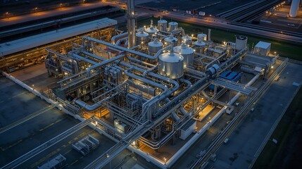 Industrial plant complex at night, showcasing illuminated structures and intricate piping systems