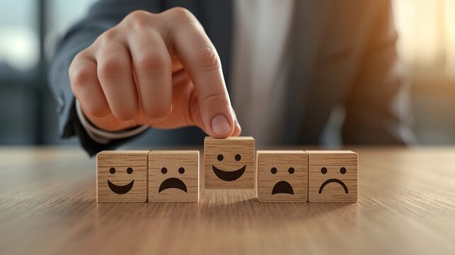 a person holding a cube with a happy face, surrounded by other cubes expressing different emotions. The image evokes themes of happiness, mood, and choice