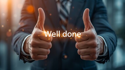 a businessman shows two thumbs up with words well done in the picture