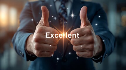 a person in formal attire giving the thumbs-up with the word Excellent displayed prominently. The image is designed to convey positivity and approval