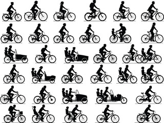 Vector collection of people riding bicycles featuring men women and families with cargo bikes for urban transport and active lifestyle design elements set isolated.