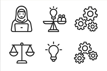 Conceptual symbols for business, law, and innovation including gears, scales, lightbulbs, and a professional woman