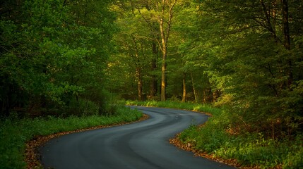 Fototapeta premium an empty road curves through a dense green forest, creating a sense of mystery and inviting exploration. the sunlight filters through the trees, casting a dappled light on the road
