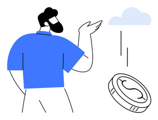 Bearded man flipping coin towards cloud in a gesture of contemplation. Ideal for decision-making, finance, innovation, strategy, risk-taking, cloud computing, simple flat metaphor
