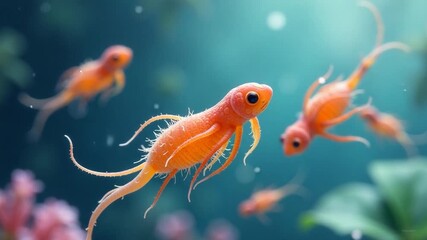 A group of small orange fish swimming together in a clear acrylic aquarium