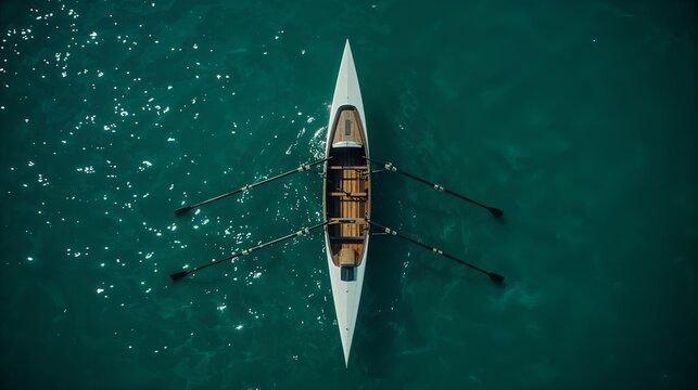 A bird's-eye view of a single oar rowing boat, cutting through turquoise waters