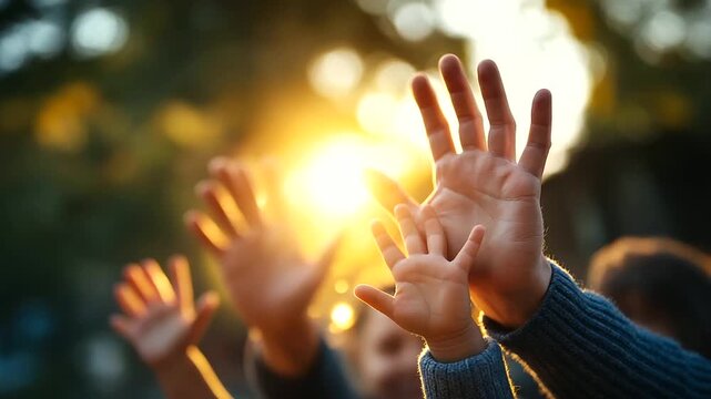 Multiple parents' hands reaching for parenting resources support materials scattered faces obscured family mental health ministry Christian parenting group with copy space