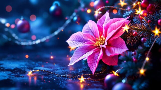 Close up of a pink poinsettia flower on a Christmas tree with blue and gold sparkling lights