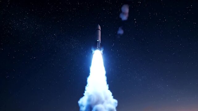 Rocket launch sequence against starry skies with fiery exhaust plume and vibrant night sky