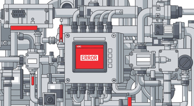 An intricate illustration depicts a complex industrial system, highlighting a critical error message displayed on a central control panel.