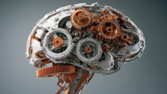 A detailed model of a human brain formed from gears and machinery, with a gold and white color scheme