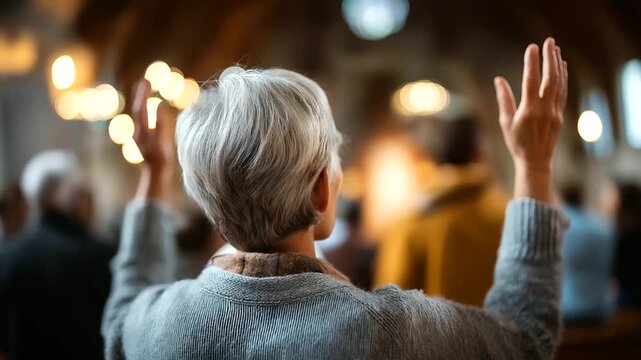 Over shoulder view of person with hands raised toward altar other worshippers defocused in background individual prayer in community mental support through worship church inter