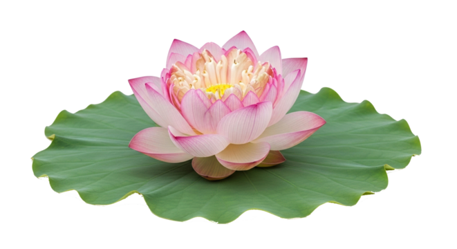 Elegant Pink Lotus Flower Blossom on Green Leaf Pad.
