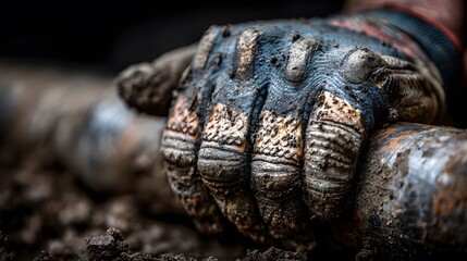 Professional plumber's gloved hands carefully work on a drainage pipe deep in the ground, showcasing expertise and determined, gritty hard work.